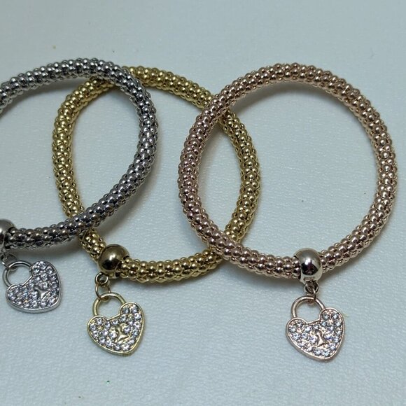 set of 3 crystal heart bracelets gold rose gold & silver - Picture 3 of 3